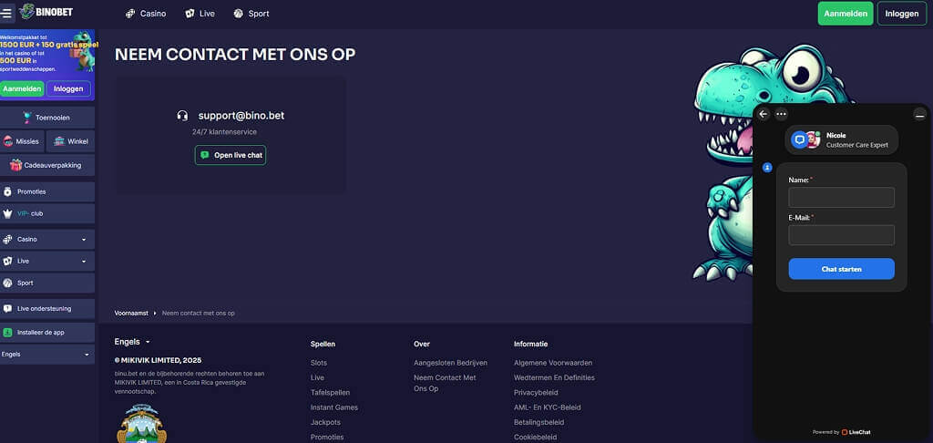 BinoBet Casino Neem contact met ons op